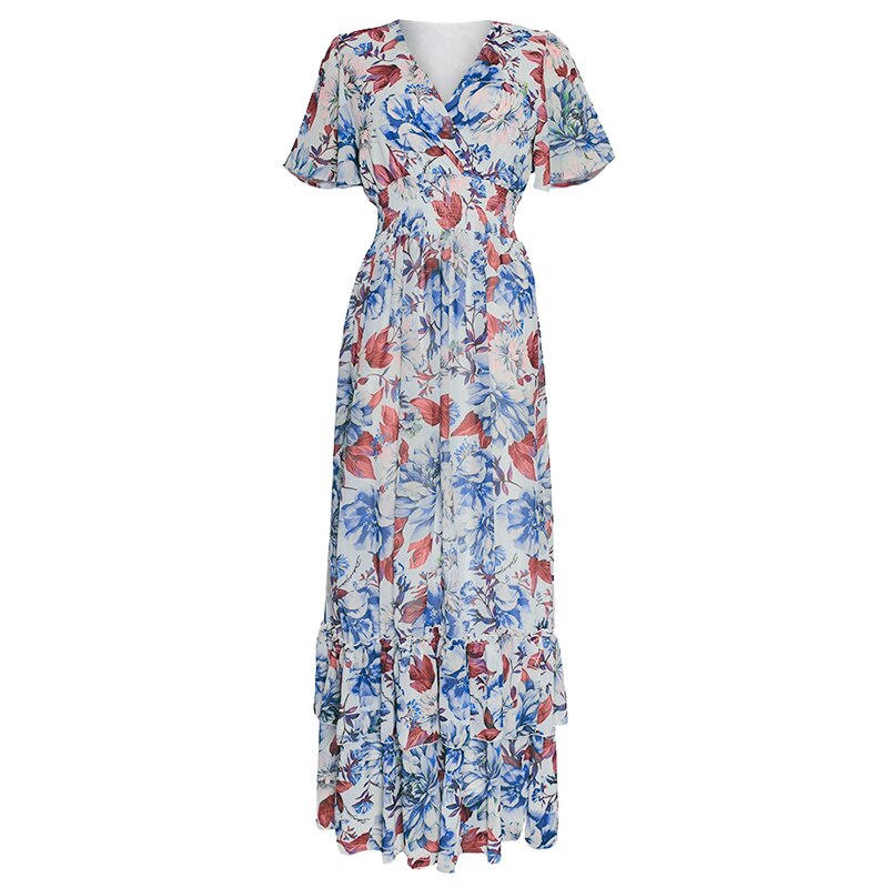 MD – Robe longue en mousseline de soie pour femme, tenue avec imprimé africain, style bohème, motifs floraux, Ankara, Dashiki, Abaya, vêtement d&#39;été: Bleu / L