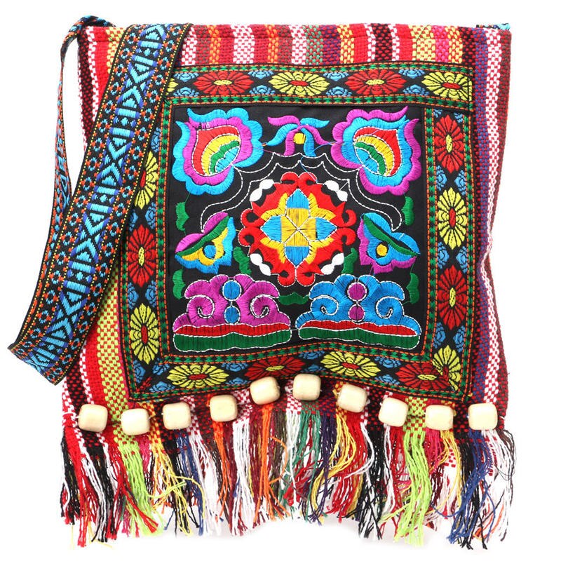 Kvinder hmong vintage etnisk skuldertaske broderi boho hippie kvast tote messenger kinesisk etnisk stil farverig taske rejse: 1