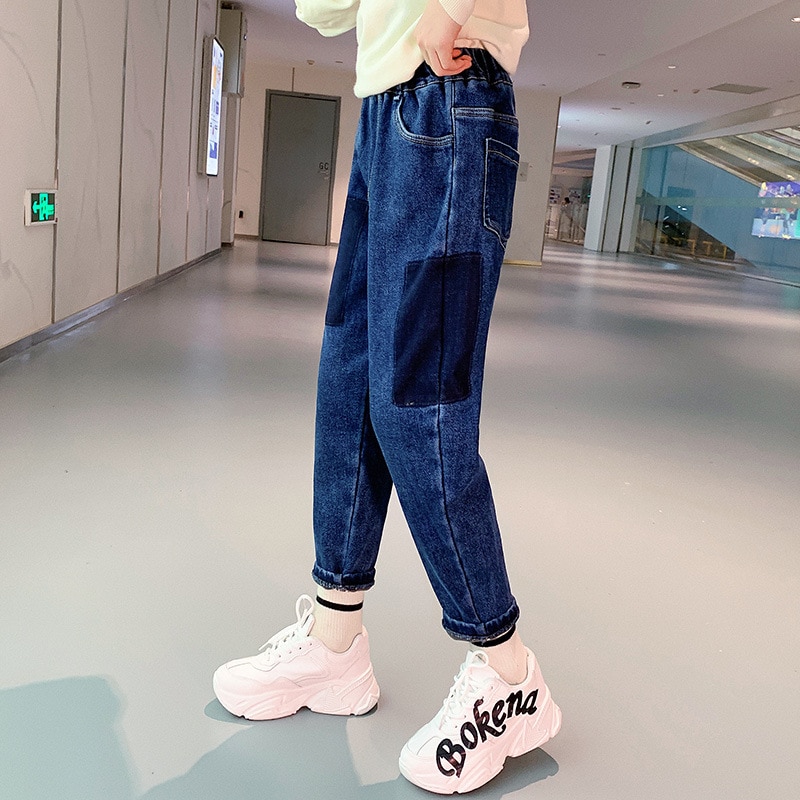 Girls Autumn Denim Pants Outer Wear Children Winter Clothes Kids Casual Sport Slacks Stitching Teenage Plus Velvet Padded Jeans