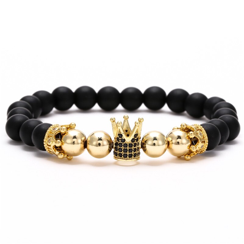 Pulsera de cobre hecha a mano para hombre y mujer, Micro CZ King crown, cuentas elásticas de 8mm, brazalete de joyería,: BD1002G