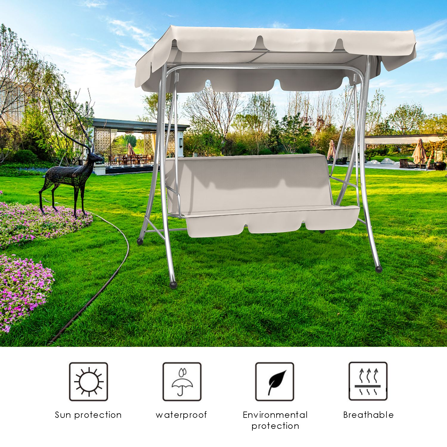 Outdoor Garden Patio Swing Cover Set Waterproof Swing Canopy Seat Top Cover + Swing Seat Cover for 3-seat Swing