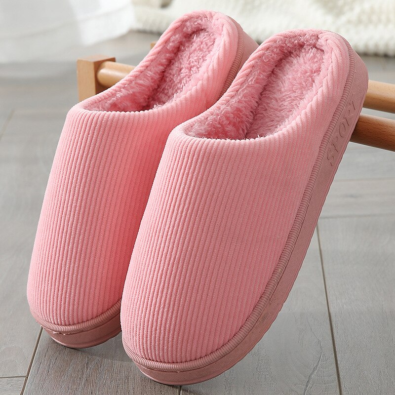 Mannen Slippers Gestreepte Corduroy Unisex Indoor Schoenen Herfst Winter Warm Vrouwen Slippers Memory Foam Huishoudelijke Non Slip Schoenen