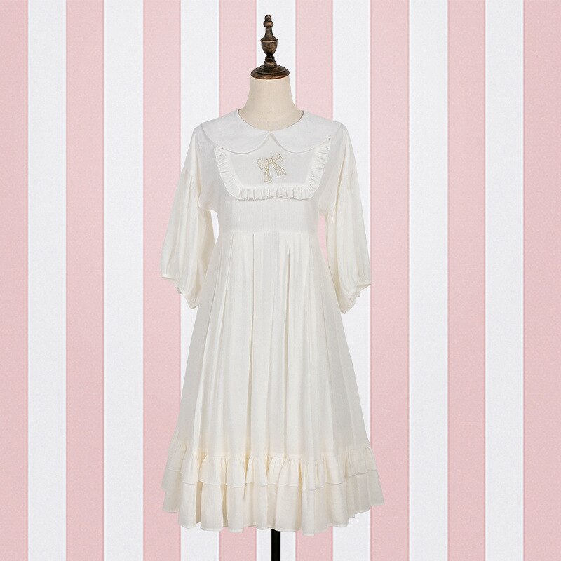 JSK Japan Style Lolita doll collar dress Vintage babydoll dress bishop sleeve Juicy pleated dress: white / M