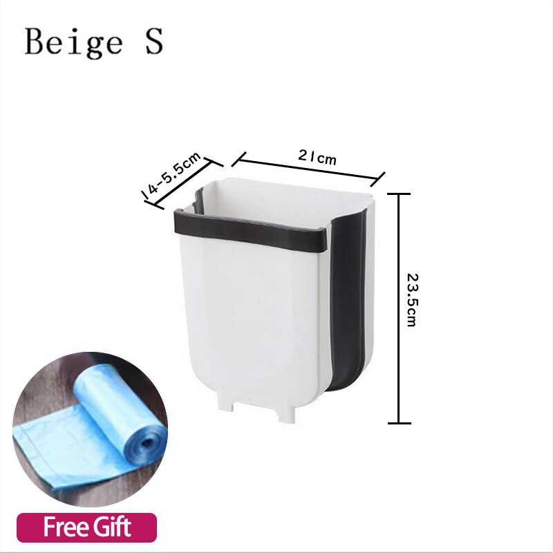Folding Waste Bins 9L Wall Mounted Kitchen Garbage Can Hangable Kitchen Door Back Cabinet Trash Can Car Waste Storage Bucket: Beige S