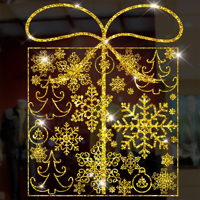Glänzende Gold Weihnachten Baum Fenster Aufkleber Santa Fahrt Weihnachten Girlande Zauberstab Decals Neue Jahr Schaufenster Aufkleber Schneemann Wohnkultur
