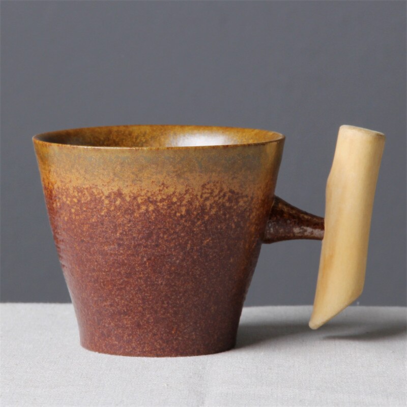 Japansk stil vintage keramisk kaffemugg tumlare rostglasyr te mjölk ölmugg med trähandtag vattenkopp hemmakontor drinkware: Svart