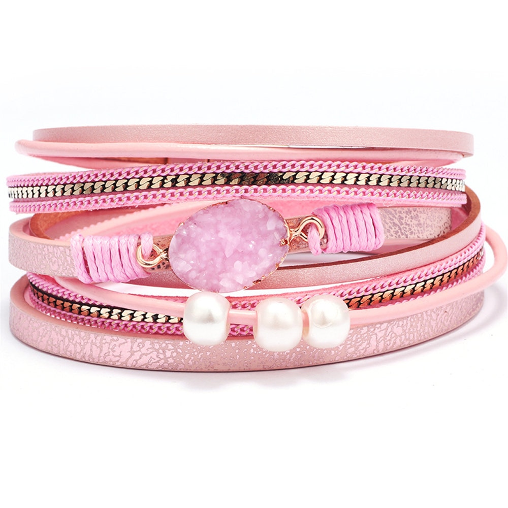 Pink Girl Multilayer Resin Beads Chain Link Brown Cuff Bangle Pearl Natural stone Leather Bracelets Women Female Jewelry