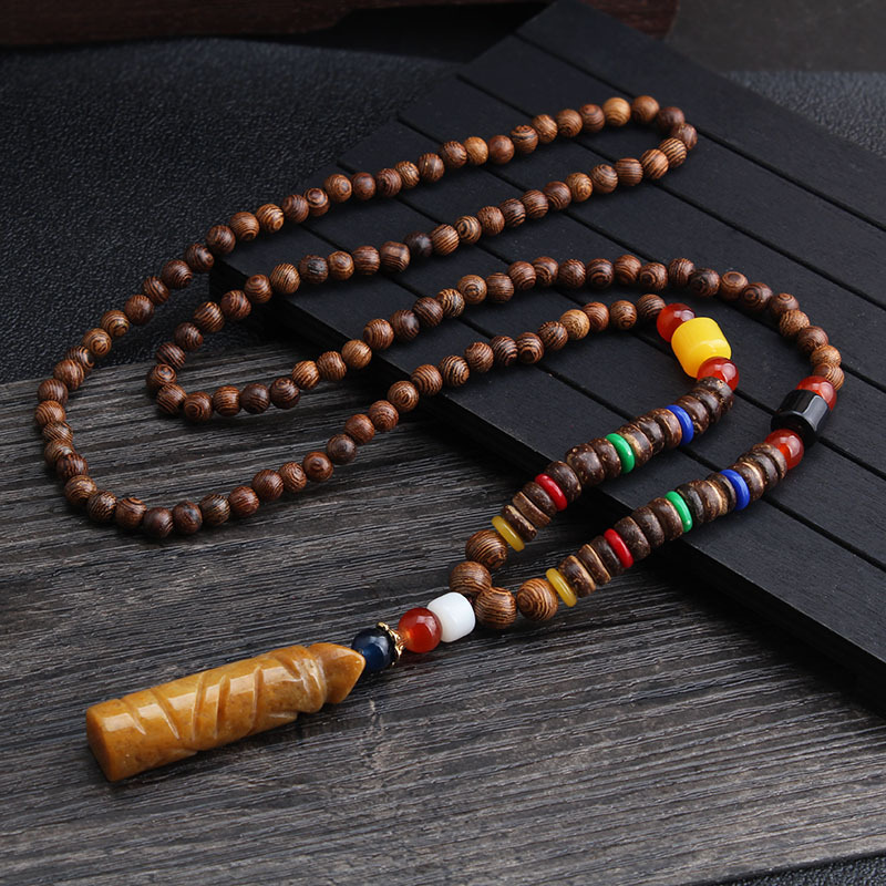 Collier unisexe fait à la main, bouddhiste du népal, pendentif de perles en bois de Mala, collier ethnique corne de poisson, Long bijoux pour hommes et femmes