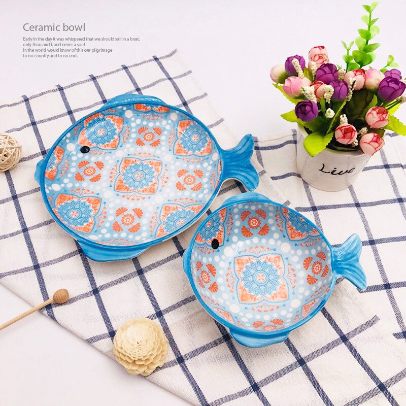 Ceramic Cutlery Fish-shaped Glaze Under The Color Plate Bowl Japanese Cartoon Irregular Bowl Plate Tableware
