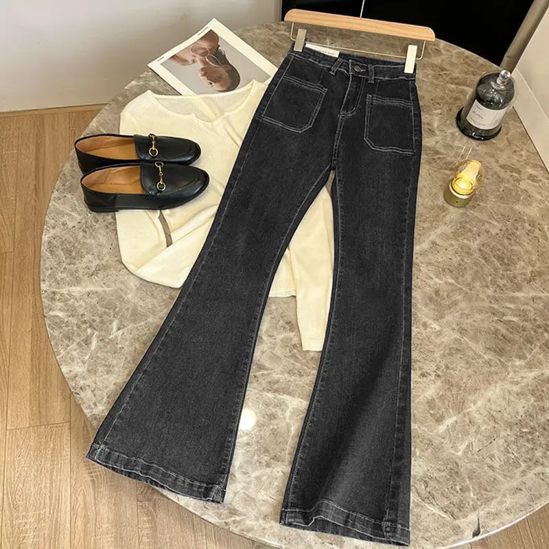 ZMZBCH Pantalones de cintura alta, pantalones vaqueros holgados lavados con bolsillos, pantalones vaqueros ajustados acampanados clásicos para mujer, Pantalones rectos elásticos Vintage que combinan con todo: XS / Beige