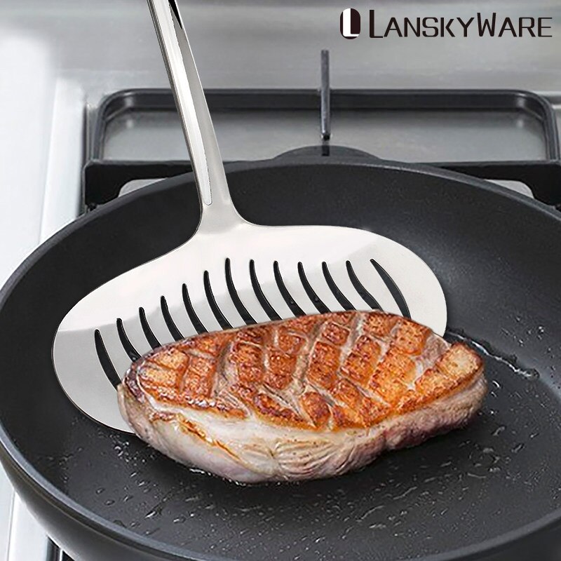Lanskyware rustfrit stål kød turner spatel med langt håndtag køkkenredskaber køkkenudstyr køkkenredskab til madlavning
