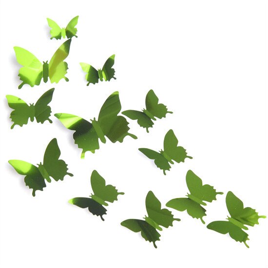 Espejo de mariposa 3D para decoración de la habitación de los niños, pegatina de pared, arte extraíble, decoración de boda, cristal, 12 unids/lote: Verde