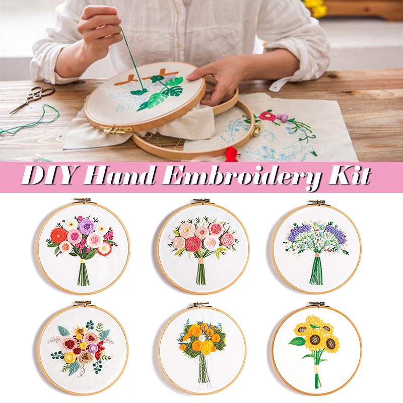 DIY Embroidery Set with Floss Hoop Needles Cloth Flowers Pattern Hand Embroidery Kit for Beginners Craft Sewing Needlework Tool