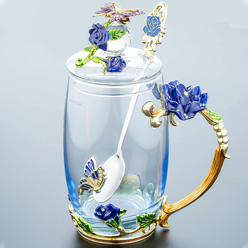 Enamel Water Cup Glass Cup Household Set Flower Tea Crystal Coffee Mug Beer Mug with Handle Wedding Tableware: K