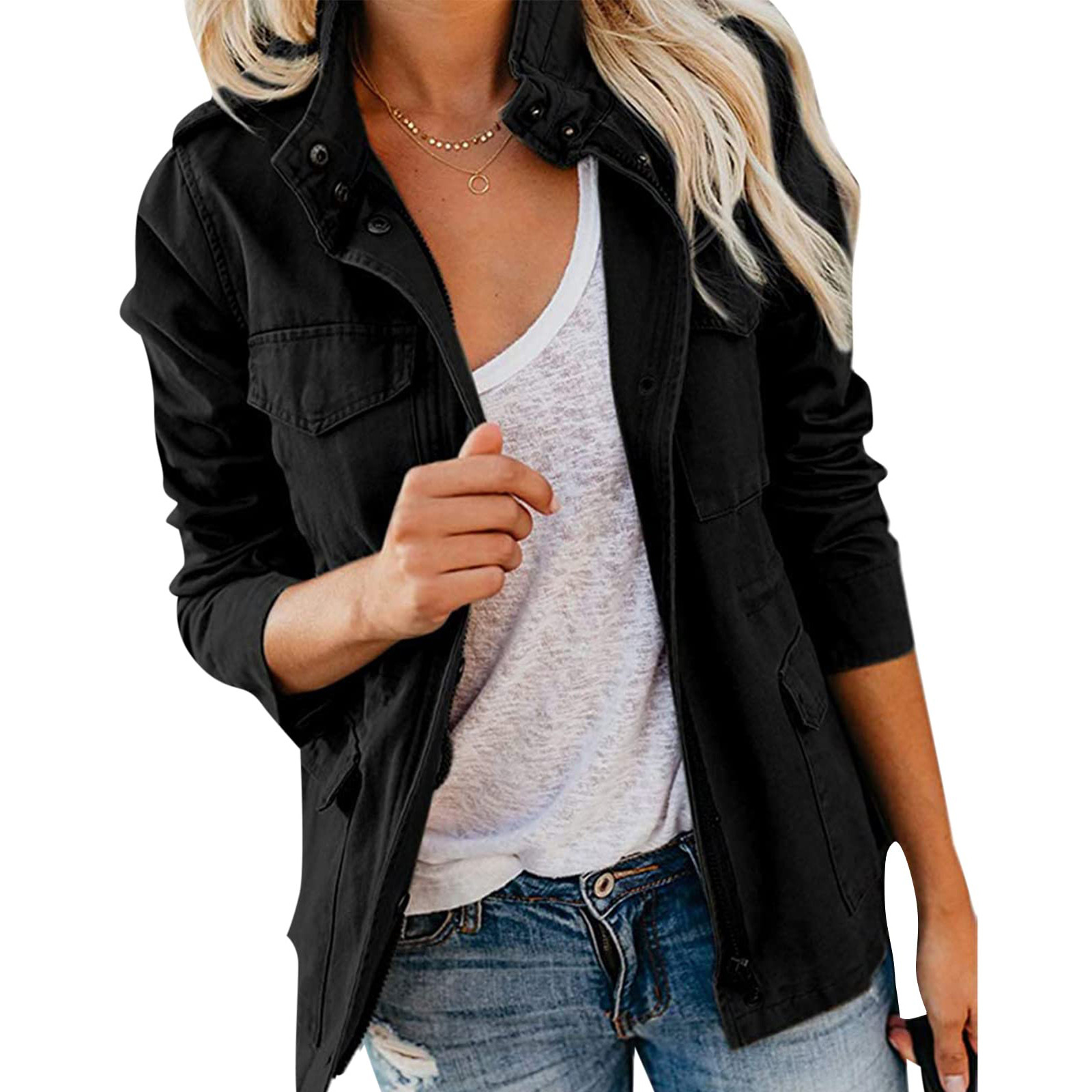 Autumn Women Waist Tunic Coats Retro Green Multi-Pocketed Jacket Turn-Down Collar Button Solid Color Outwear Coats