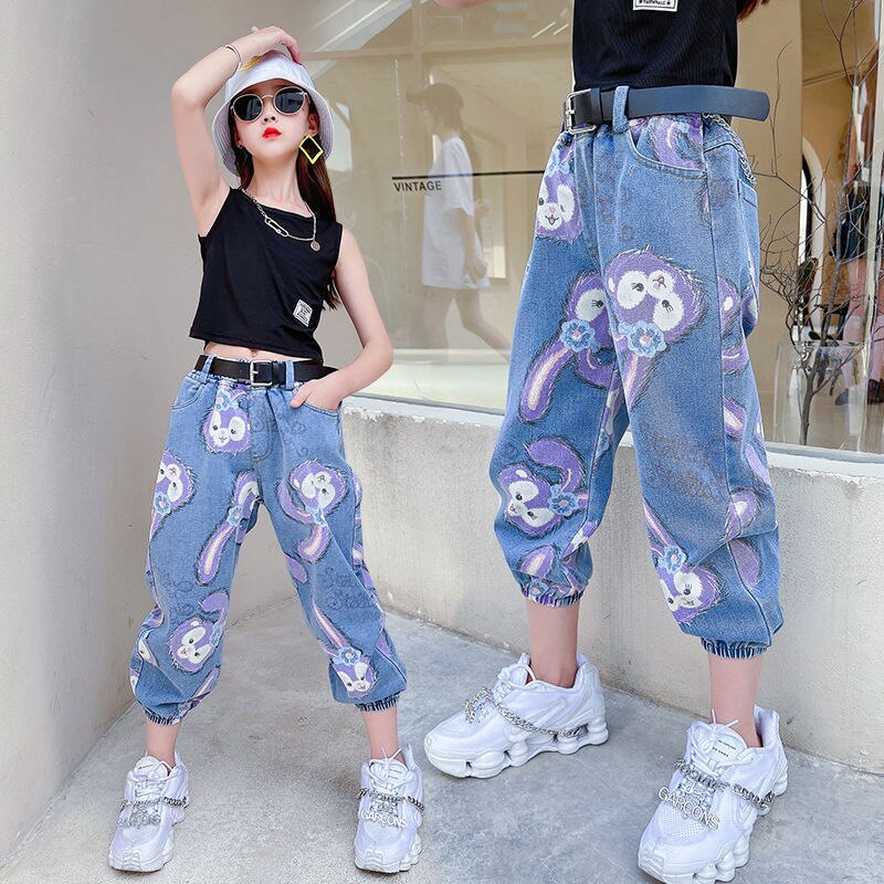 Teenage Girls Cartoon Jeans Children Elastic Waist Denim Pants Kids Girls Trousers jeans Clothes 6 8 10 12 14