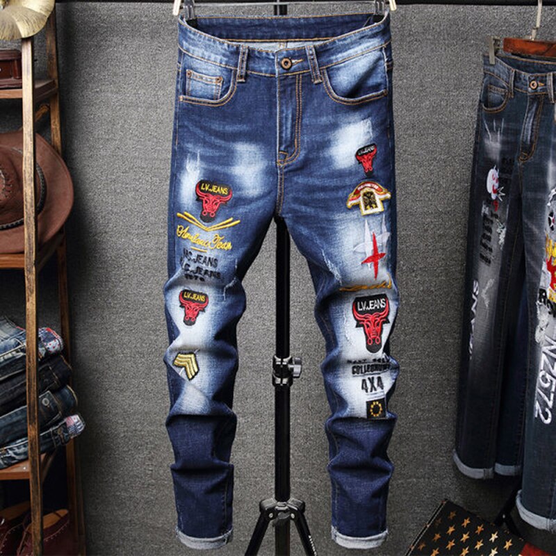 Mens Denim Embroidery Hole Jeans Stretch Distressed Ripped Jeans Men Spring Autumn Hip Hop Pants Streetwear