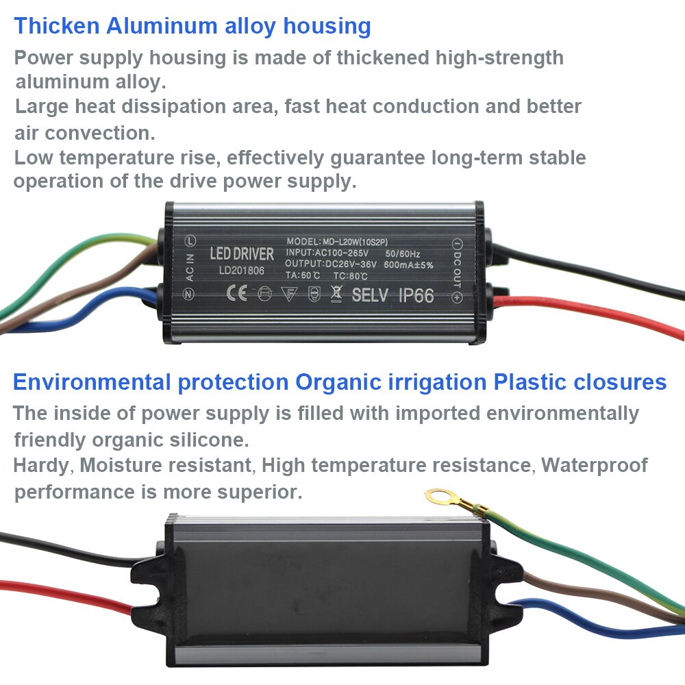 Aluminium IP66 20W LED Driver 600mA AC 100-265V Power Supply Lighting Transformer Drivers Ballast for Spotlights / Street lamps