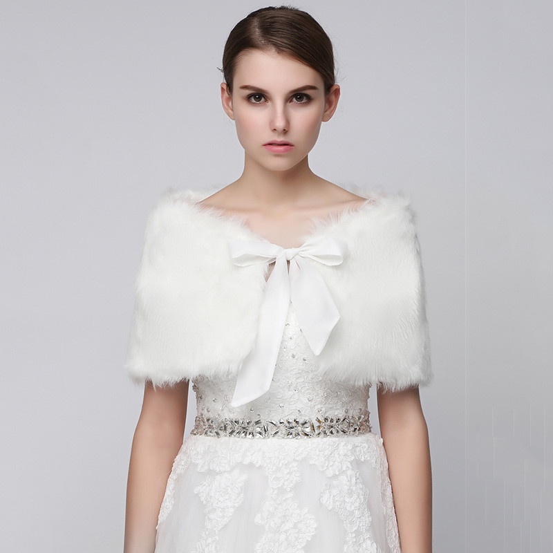 In Stock Wedding Bridal Wraps Black Faux Fur Bolero Winter Bride Wedding Shawls with Bow Wedding Accessories