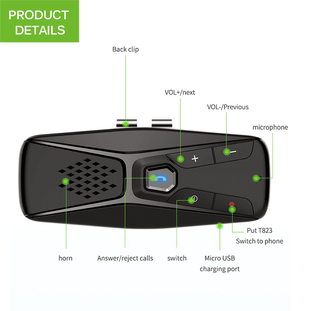 Bluetooth bilsæt kit håndfri højttalertelefon trådløs med mikrofon bluetooth 5.0 automatisk nedlukning og automatisk tilslutning
