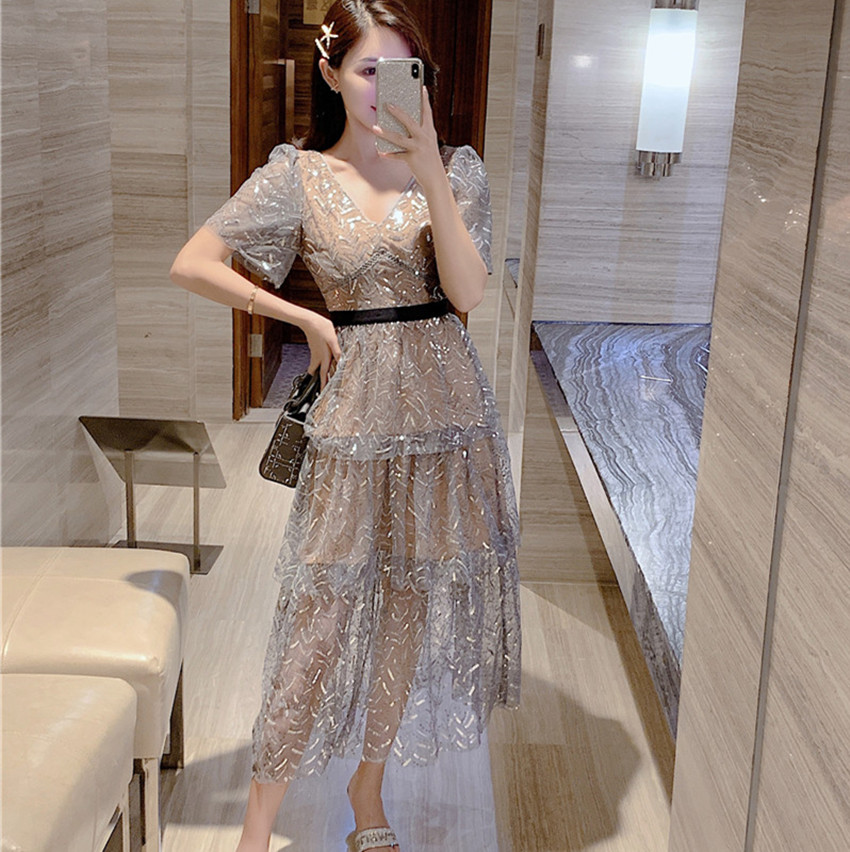 Jsxdhk 2024 neue Landebahn Frauen Gittergewebe Pailletten Party kleid elegante Frauen runden Kragen Kurzarm Rüschen sexy V-Ausschnitt lange Vestidos: XL / dunkel Grau