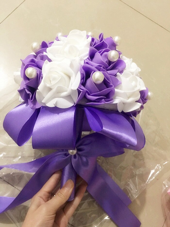 AYiCuthia Bruid Bloemen Romantische Bruiloft Kleurrijke Bruidsboeket rood roze en paars bruidsboeket S1: purple