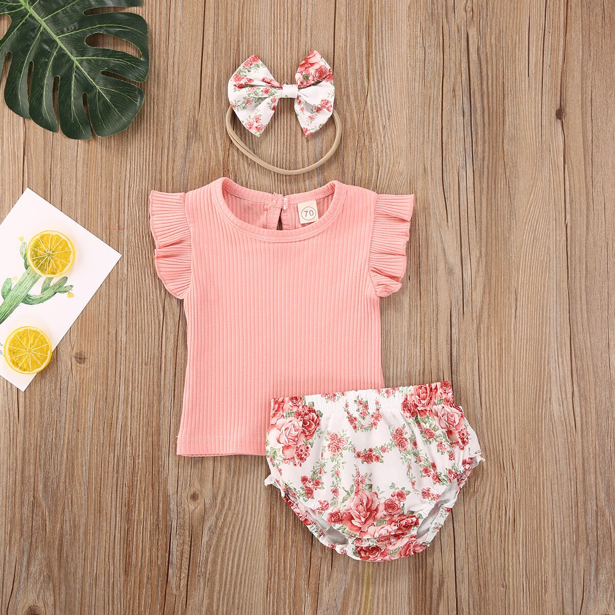 Enfant en bas âge bébé filles vêtements col rond coton à manches courtes T-shirt imprimé fleuri pantalon bandeau 3 pièces ensemble de tenue été