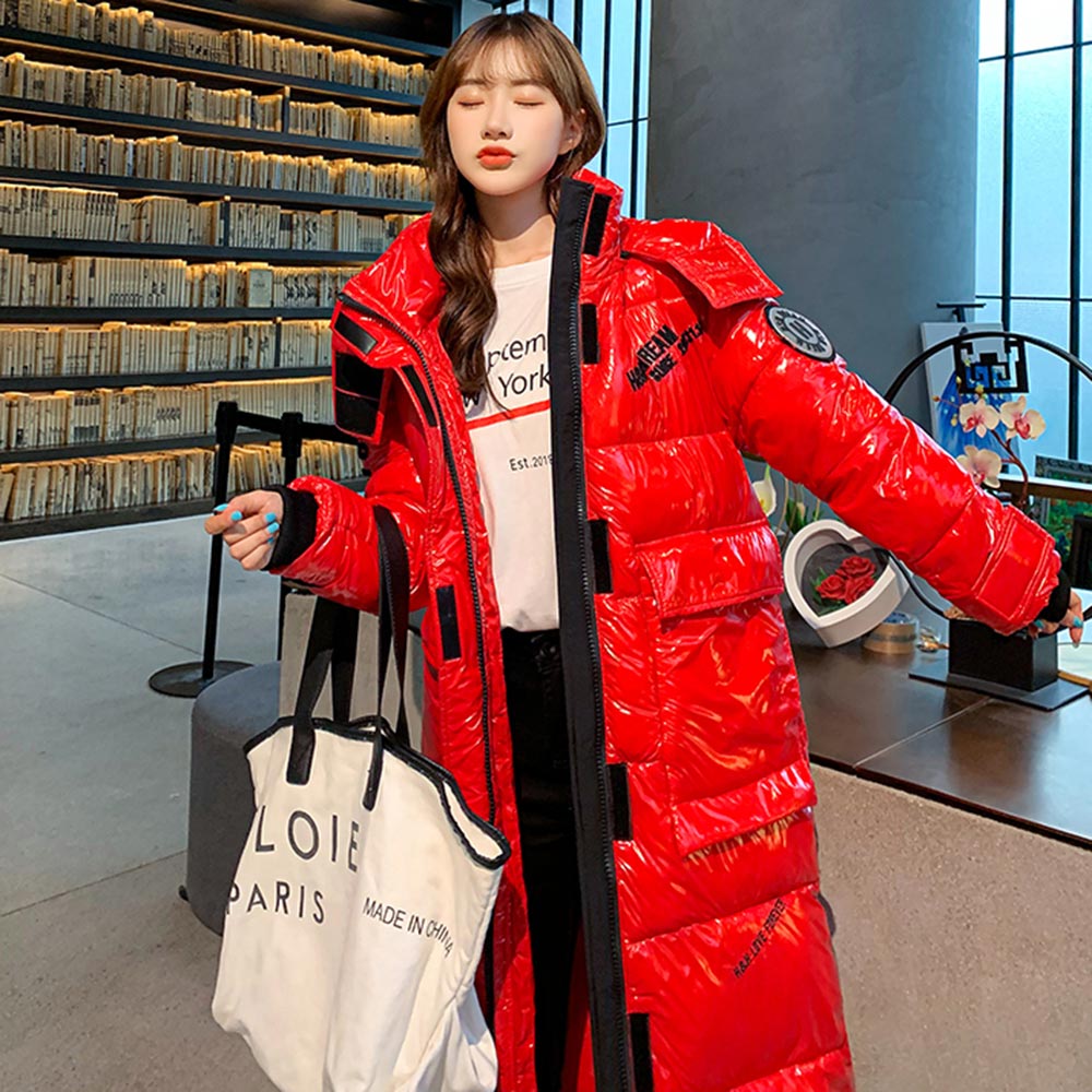 Pinkyisblack huva dam kappa lång parkas oversize vinterjacka dam glansig vinter tjock dunjacka dam kappa
