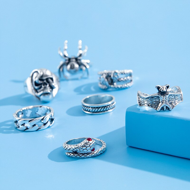 Gothic Skeleton Unisex Ring Set Punk Grunge Butterfly Frog Woman Man Jewelry Hip Hop Party Street Ring Accessories