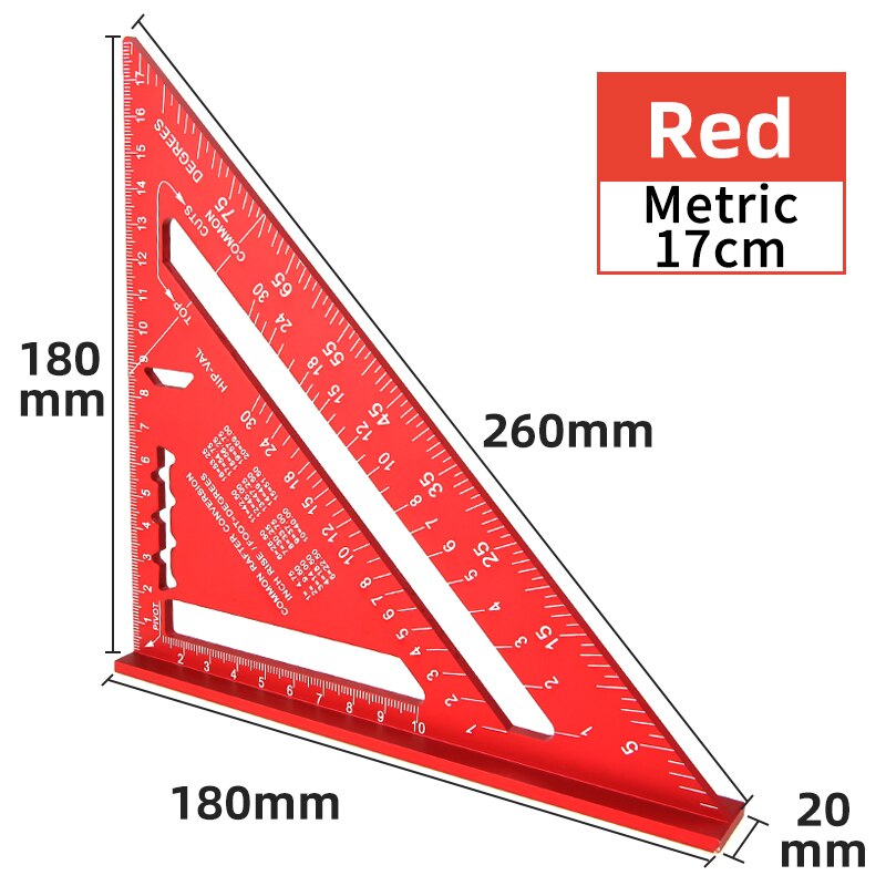 Driehoek Heerser 7Inch 90 Graden Hoek Aluminium Square Heerser Gradenboog Houtbewerking Set Pleinen Driehoekige Meters Metric/Cm: 17cm Red