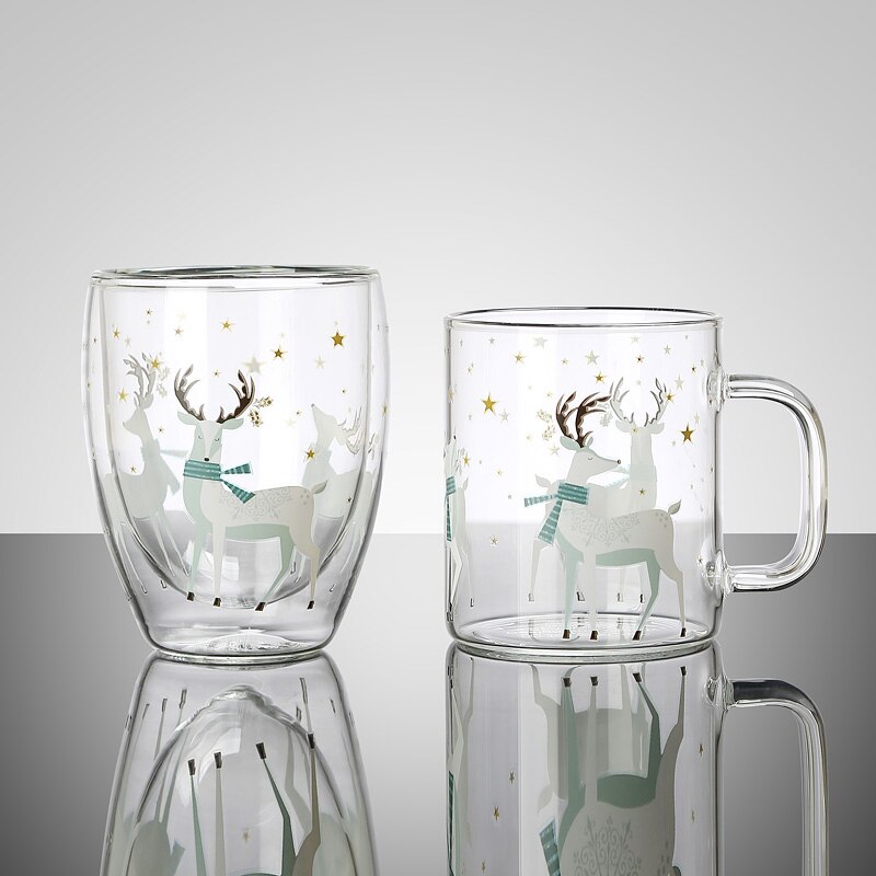 Jultryck glas mugg handtag dubbelskikt isolering tjock glas kopp jul dekor muggar hem vatten koppar värmebeständigt