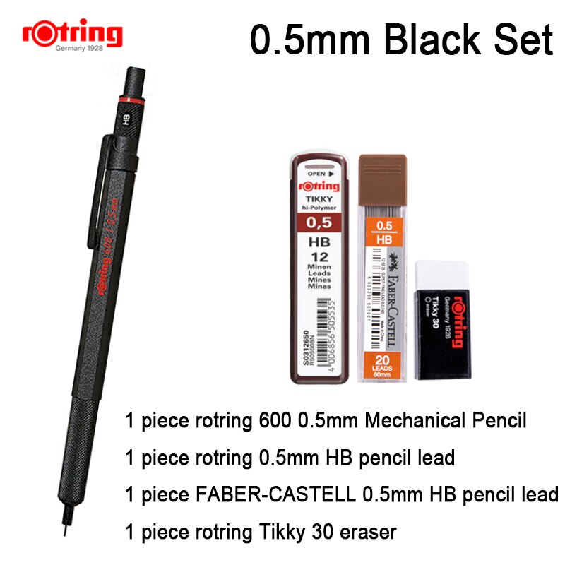 Rotring 600 0.5mm/0.7mm mekanisk blyant sort/sølvmetal automatisk blyant 1 stk: 0.5mm sorte sæt