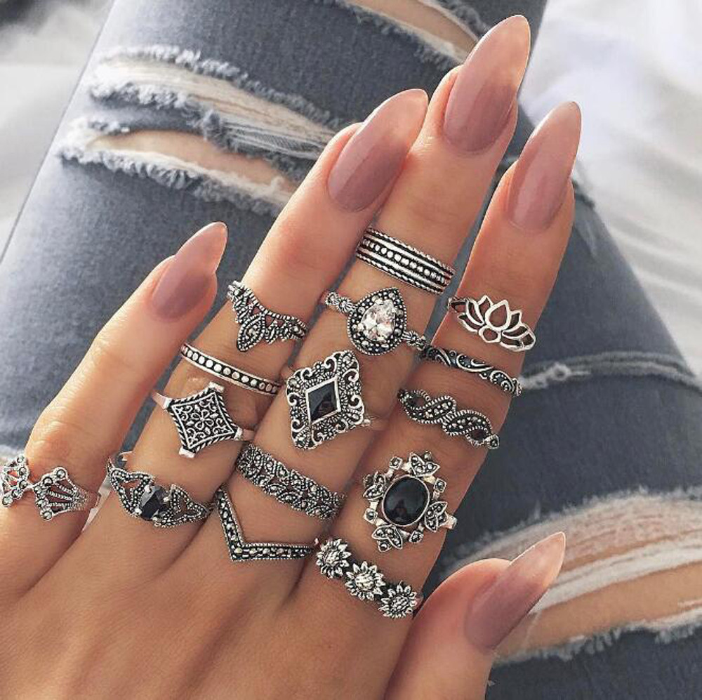 Ring 15 Pieces / Set of Bohemian Vintage Silver Stack Rings above the knuckles of the blue ring set кольцо #40