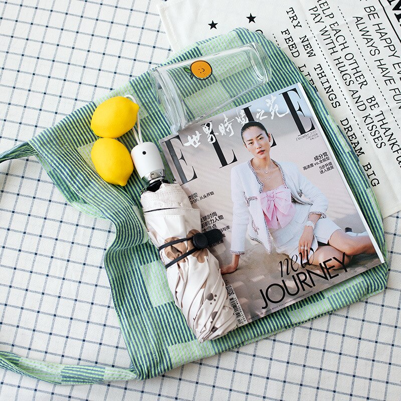 Cotton Canvas Green Blue Check Eco Shopping Tote Shoulder Bag Cross Body Strap SB