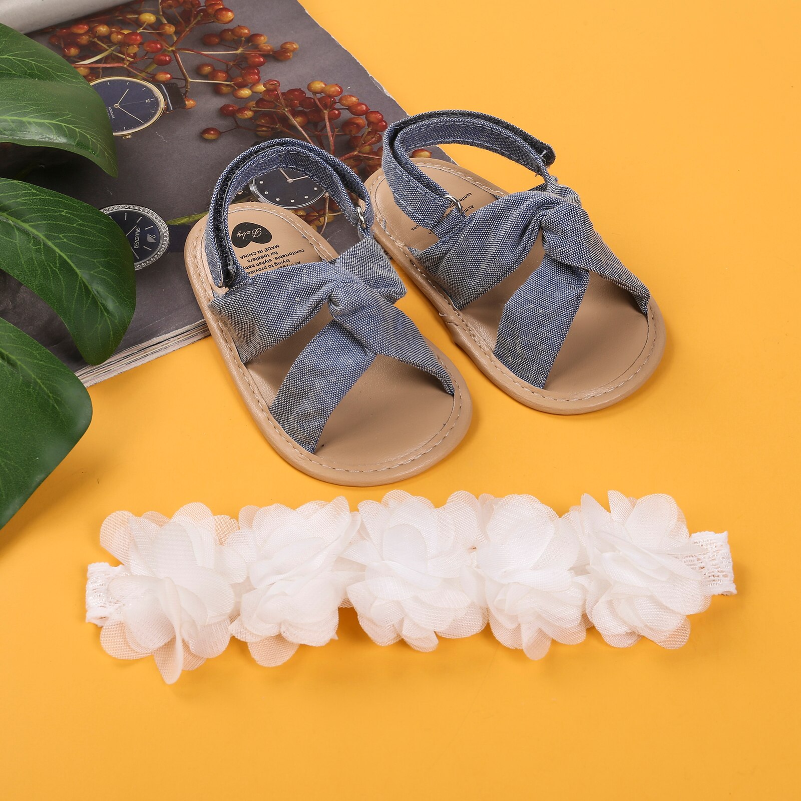 Zomer Baby Meisjes Sandalen Peuter Meisjes Bloem Sandalen Schoenen Zachte Casual Antislip Babyschoenen + Hoofdband 2 stuks Set