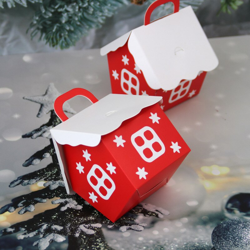 5Pcs Kerst Rode Huis Vorm Snoep Doos Met Handvat Geschenkdozen Kraftpapier Koekjes Snack Verpakking Dozen Xmas Party decoratie