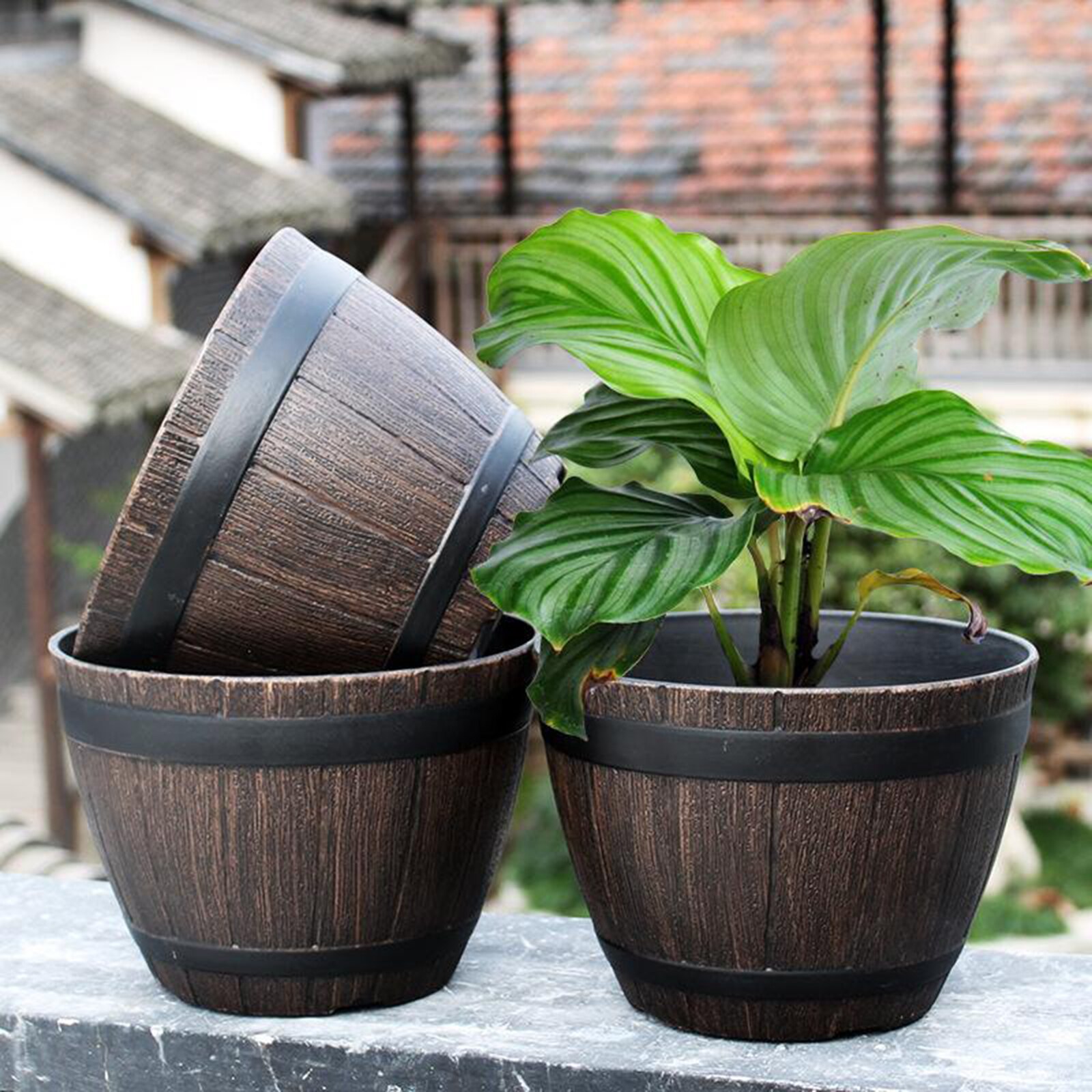Retro Round Resin Flower Plant Pots Planter Barrel Home Garden Outdoor Decoration