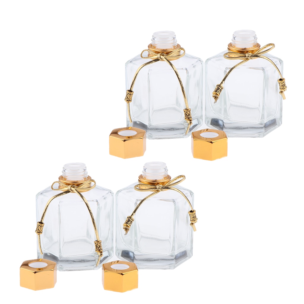 Gold 4Pcs 100ml Aroma Glass Diffuser Bottles Hexagonal Oil Containers Decors