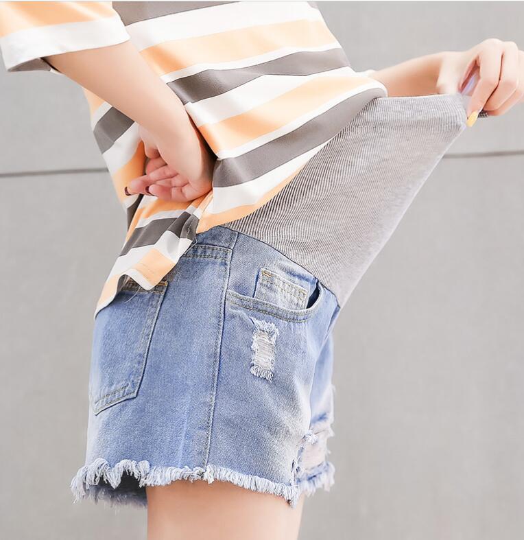 Hul denim gravidshorts elastisk talje mave korte jeans tøj til gravide flået graviditetstøj sommer: Himmelblå / Xl