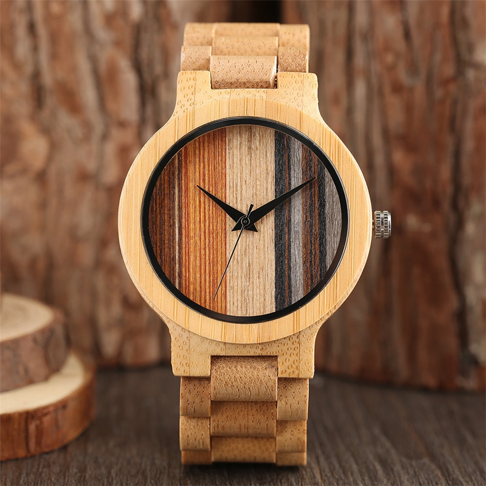 Bamboe Hout Horloge Voor Mannen Trendy Gekleurde Strips Display Mens Houten Quartz Horloge Vouwsluiting Hout Uurwerk