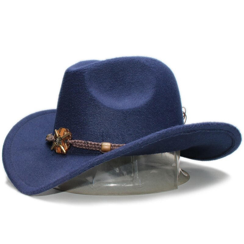 Sombrero de vaquero de ala ancha para hombre y mujer, gorro de lana de estilo Vintage, estilo occidental, Formal, con lazo, banda de cuentas de punto de madera, 61cm, talla grande: Navy