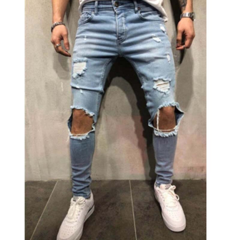 Men Jeans Streetwear Knee Ripped Skinny Hip Hop Estroyed Hole Pants Solid Color Male Stretch Casual Denim Big Trousers: 11098 Blue / XXXL