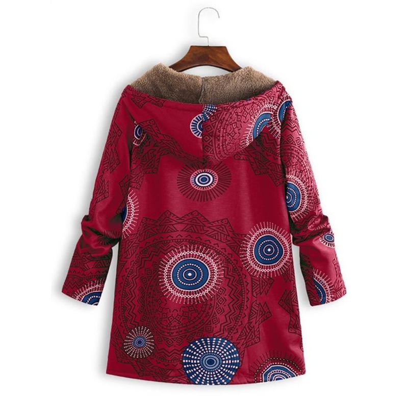 Womens Casual Winter Coat jacket Warm velvet Outwear Floral Print Hooded Pockets Zipper Print Ethnic Style Outwear