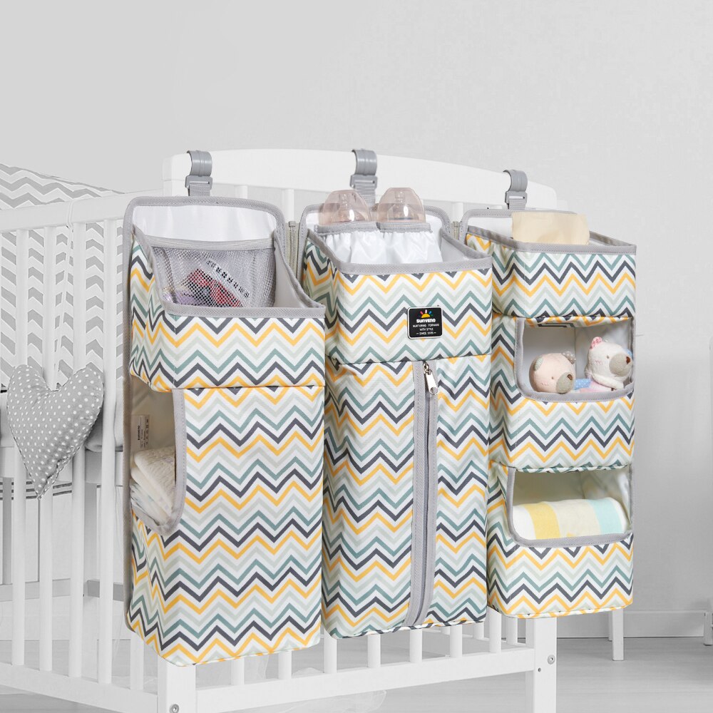 Sunveno Crib Organizer for Baby Crib Hanging Storage Bag Baby Clothing Caddy Organizer for Essentials Bedding Diaper Nappy Bag: Stripe yellow L