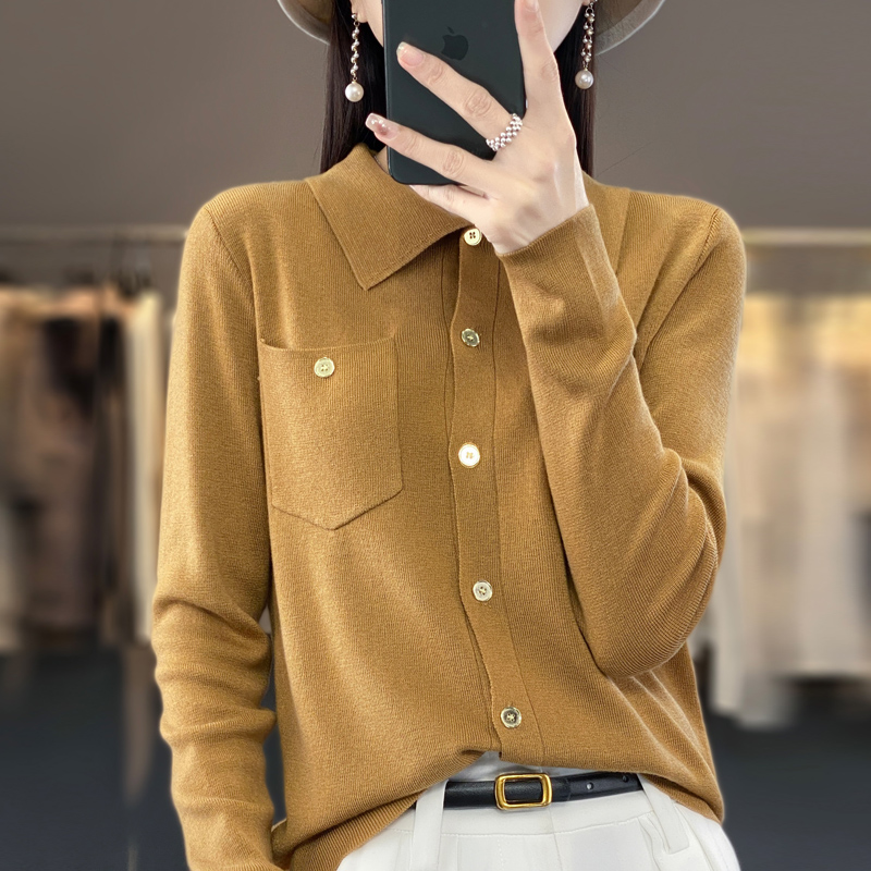 Cardigan feminino com bolso primavera e verão nova camisa de lapela fina imitação de lã camisola alta rua casaco superior mangas compridas