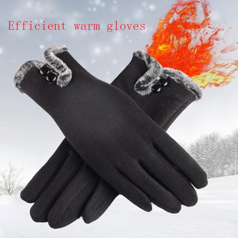Nueva Mujer Otoño Invierno de terciopelo no invertida de Cachemira dedo completa guantes cálidos de encaje de algodón de las mujeres guantes de pantalla táctil: A Black
