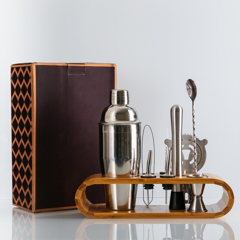 10-12 PCS Barware Set Stainless Bar Cocktail Shaker Set Shaker Set With Wooden Rack Storage Stand Bars Mixed Drinks Tool Holder