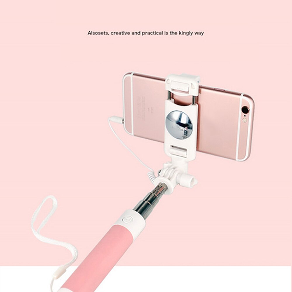 Girls Mini Selfie Stick Portable Mirror Stick Monopod Pink For Xiaomi Huawei Android Button 3.5MM Foldable Selfie Stick