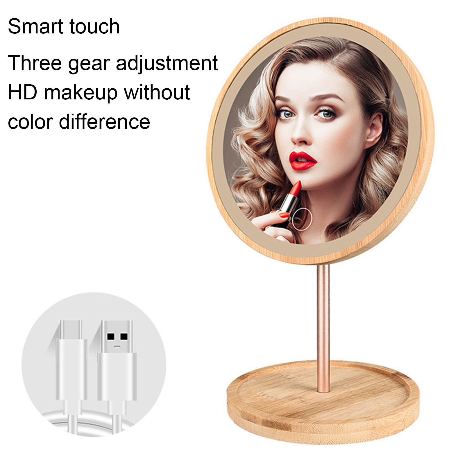 Wooden Desktop LED Makeup Mirror Magnifying USB Charging Adjustable Bright Diffused Light Touch Screen Beauty Makeup Mirrors