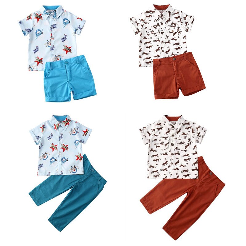 Baby Zomer Kleding Peuter Kids Baby Boy Korte Mouwen Kleding Shirt Tops Broek Formele Party Paard Print Outfits Set